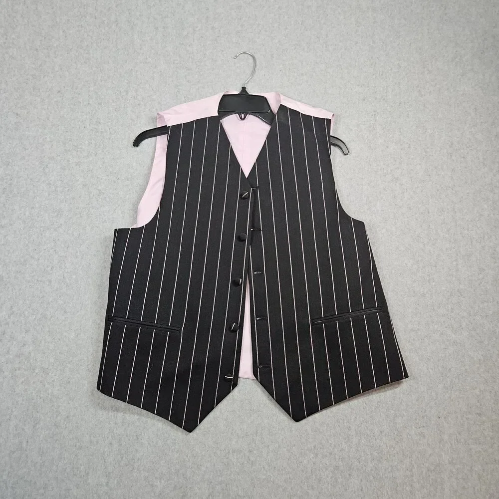 Den Zel Collection Men's Black Pink Pinstripe Lined Suit With Vest 40R Zoot